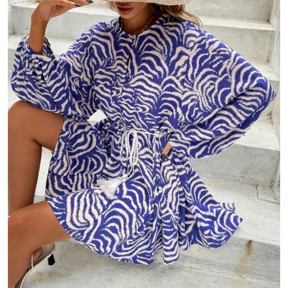 Boho Bishop Sleeves High Waist Belted Fringe Dress